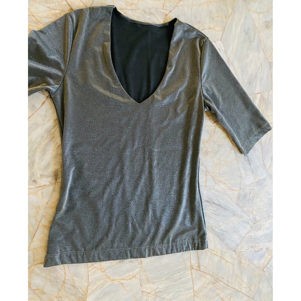 Arden B Silver Metallic Shimmer Deep V-Neck Top Elbow Sleeve Party Glam Disco